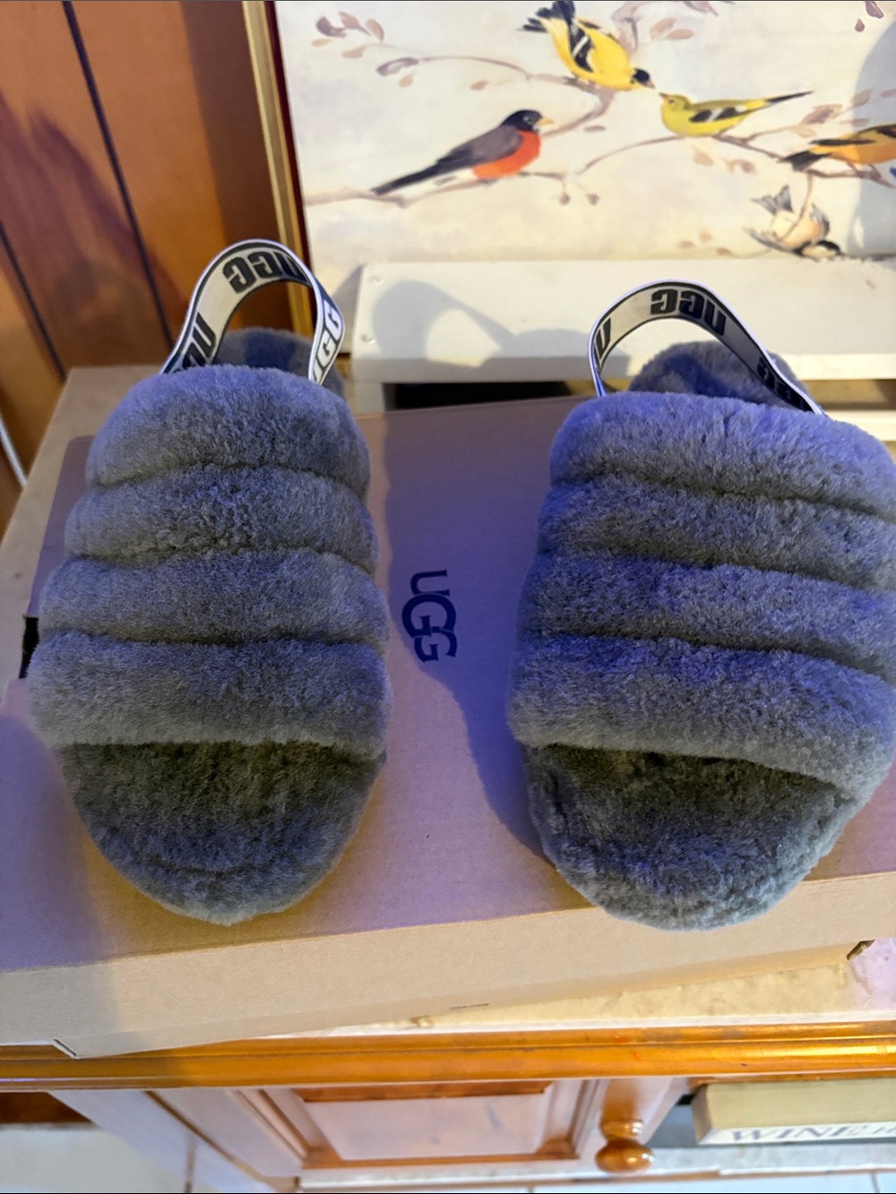 UGG Grey Plush Slide Sandals with Branded Heel Strap
